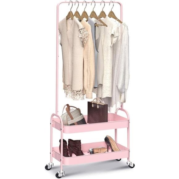2-in 1 Garment Rack with 2 Tier Metal Basket, Rolling Storage Cart, Pink